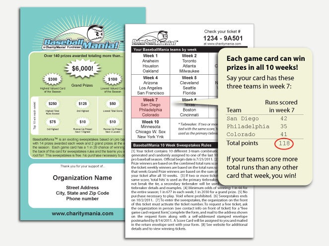 Each BaseballMania ticket is assigned 3 random teams in each week of the BaseballMania season.